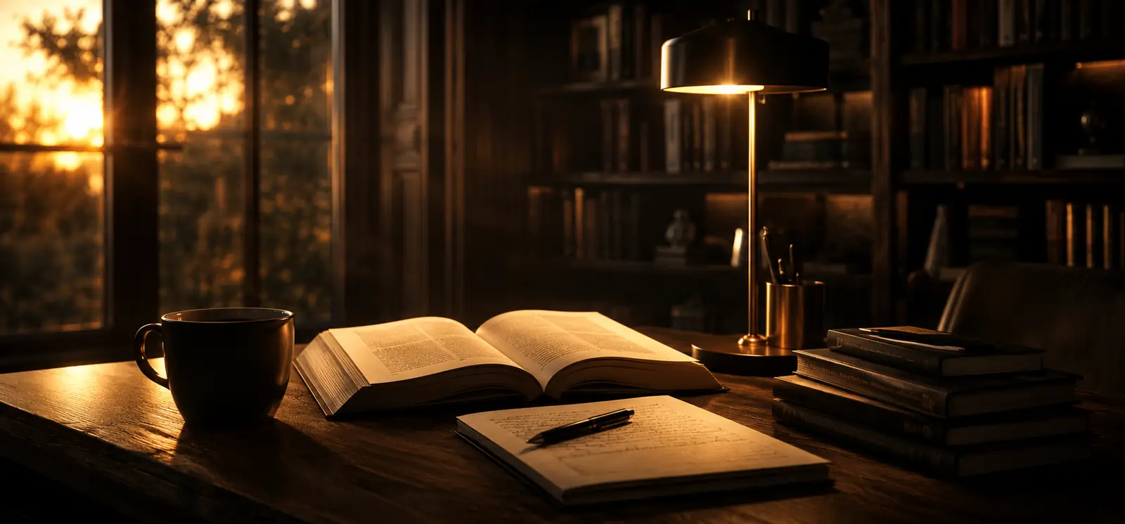 Altın saat ışığında kütüphane masası — kitap, defter ve lamba