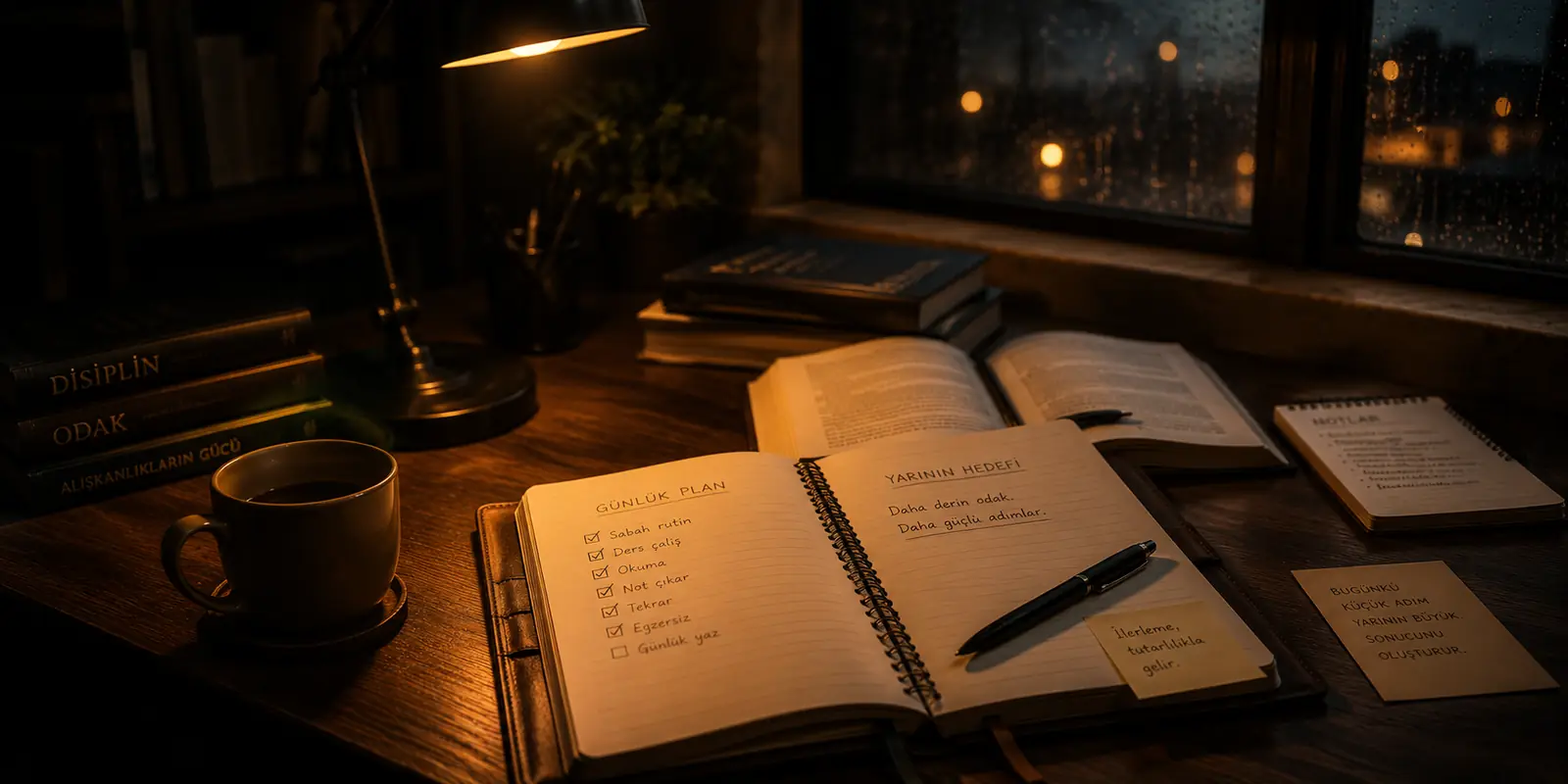 Gece rutini — günlük plan, kitaplar ve yağmurlu pencere